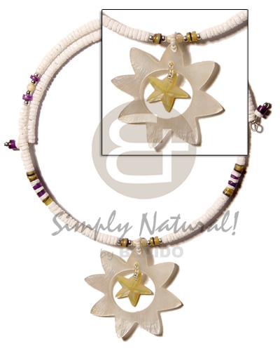 white clam 3-4mm wire choker  hammershell heishe accent  45mm sun hammershell  dangling inner MOP star pendant - Home