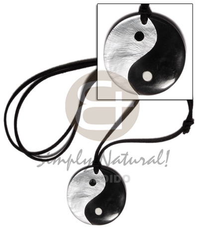 40mm round yin yang  blacktab & hammershell pendant  resin backing on adjustable leather thong - Home