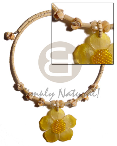 2-3mm natural coco heishe choker wire  shells & graduated yellow hammershell 45mm flower pendant - Home