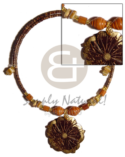 45mm flower coco  gold trimmings pendant combination in choker wire 2-3 heishe nat. brown coco  shell & wood beads accent - Home