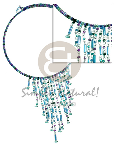 dangling blue tones glass beads in choker wire & metal looping - Home
