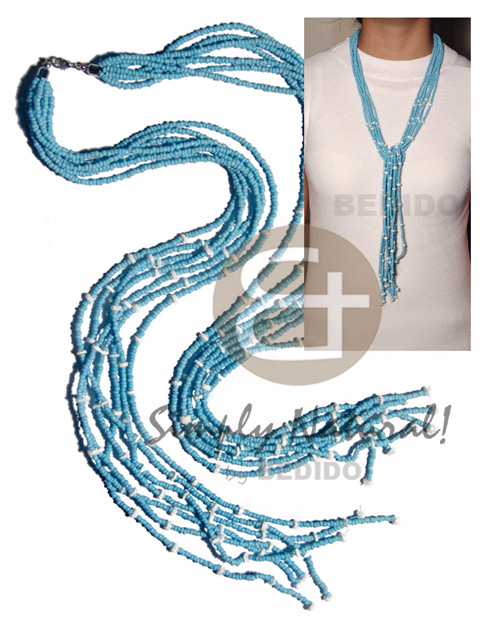 scarf necklace - 7 rows baby blue glass beads  tassled white  clam / 36 in. - Home