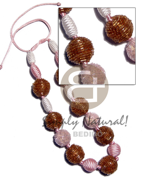 capsule wrapped wood beads  20mm round wrapped wood beads in cut glass combination in light pink satin cord / 36in adjustable - Home