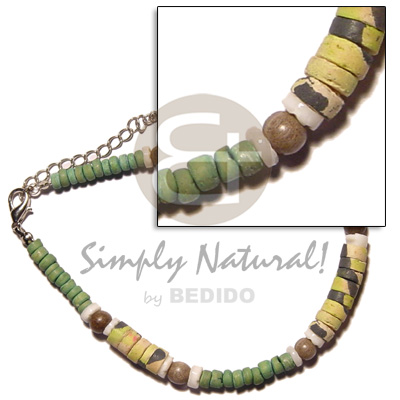 green  4-5mm coco Pokalet./white clam heishe/wood bead and yellow coco splashing 4-5mm coco heishe - Home