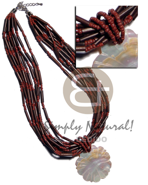 8 rows dark brown agsam bamboo  red glass beads combination and 45mm flower kabibe pendant - Home