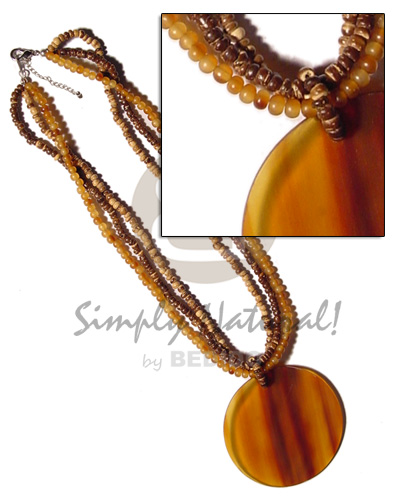 3 layers 2-3mm tiger coco pokalet & amber bone beads  40mm round amber bone pendant - Home