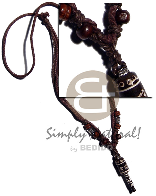 tribal carved 40mmx12mm wooden  pendant  coco Pokalet/wood beads accent in double wax cord / 23in. - Home