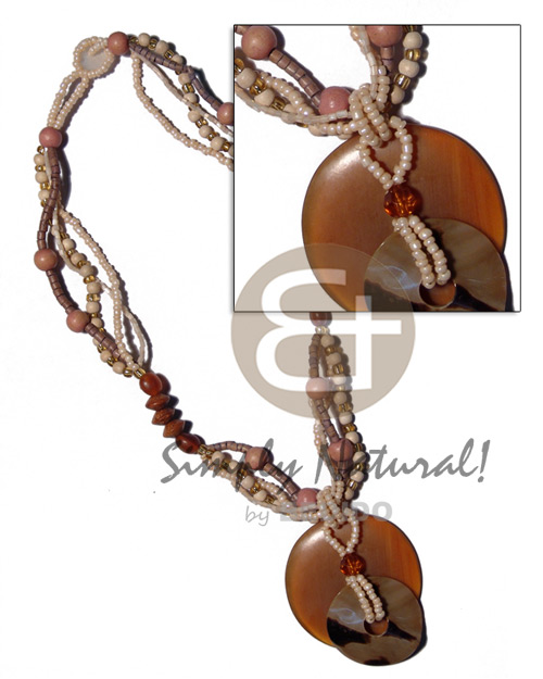 50mm round amber horn & 35mm round  brownlip tiger in 4 rows wo0d beads/glass beads/4-5mm coco pokalet combination/ 18in - Home