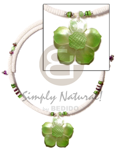 white clam 3-4mm  wire choker  hammershell heishe  accent  45mm lime green hammershell flower  groove nectar  pendant - Home