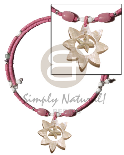 old rose 2-3mm coco heishe wire choker  buri & troca beads accent  45mm star hammershell  dangling inner hammershell star pendant - Home