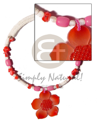 3-4mm white clam wire choker  buri & shells accent and 45mm graduated red hammershell flower pendant - Home