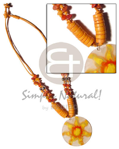 2 layer knotted orange cord  buri & coco pokalet accent  and 40mm  handpainted round capiz pendant - Home
