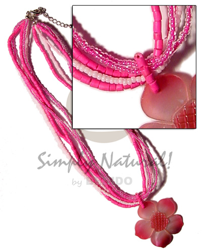 5 layers glass bead & 2-3mm pink coco heishe  graduated 45mm hammershell flower  grooved nectar pendant - Home