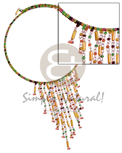 dangling orange/green combination glass beads in choker wire & metal looping - Home