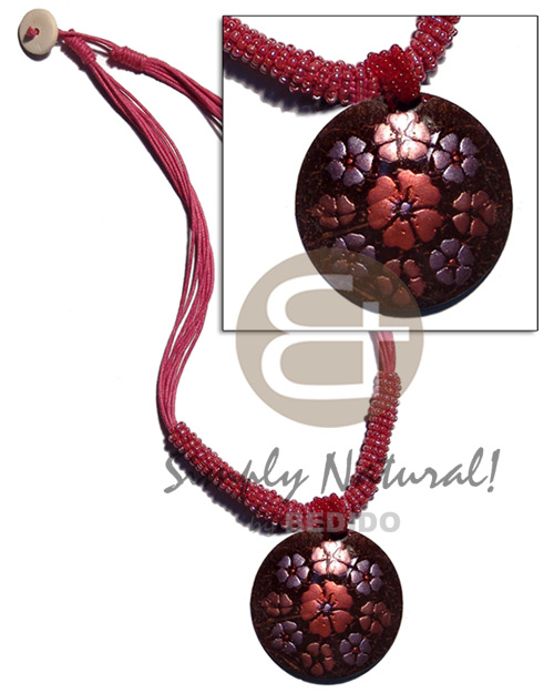 8 layers wax cord   glass beads & 40mm round handpainted embossed coco pendant - Home