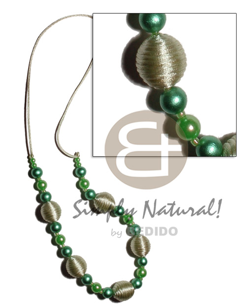 20mm wrapped wood beads  golden wood beads, pearl combination in  green tones on lilac satin cord / 30 in - Home