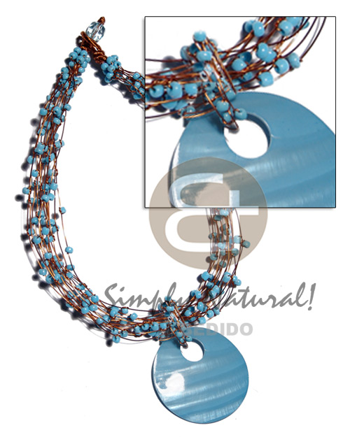 13 rows copper wire choker  aqua blue glass beads & 60mm round kabibe shell in aqua blue pendant - Home