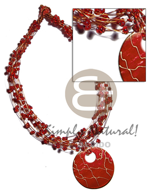 13 rows copper wire choker  red glass beads & 60mm round kabibe in red shell pendant  webbing design - Home