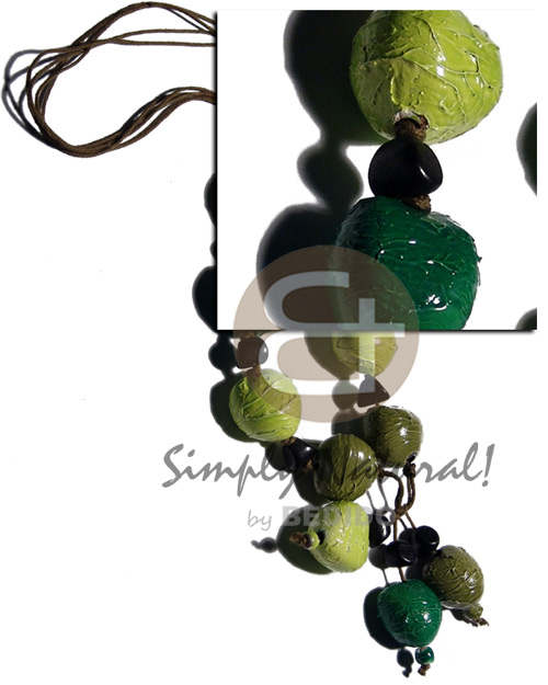tassled triple wax cord  kukui nuts in crumpled painted paper texture in 3 shades of green tones / 24 in. - Home