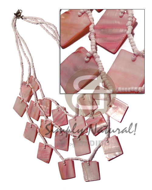3 graduated rows of pastel pink glass beads ( 17"/17.5"/18" ) dangling and looped 25pcs. of matching 25mm square pastel pink kabibe shells - Home