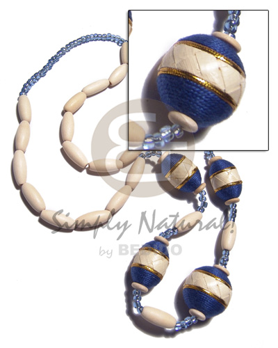 nat. white wood capsules  oval wood beads 25x18mm wraped in thread and banig combination / navy blue and gold tones / 28in - Home