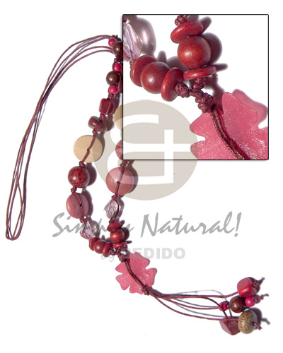 asstd. 20mm wood beads  tassled 30mm pink hammershell flower / pink and old rose tones / 28in plus 3 in. tassles - Home