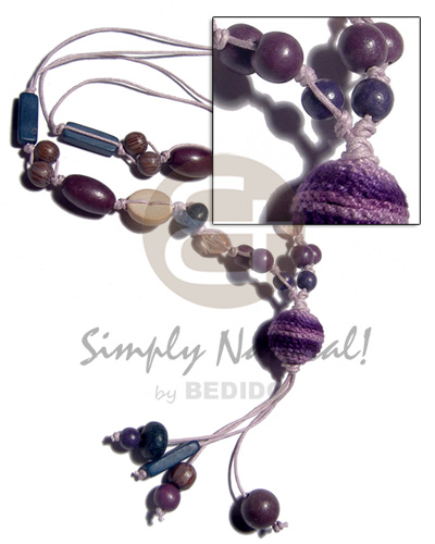 2 layers knotted wax cord  asstd.  wood beads and 20mm tassled wrapped wood beads / violet and dark blue tones / 28mm plus 3in. tassles - Home