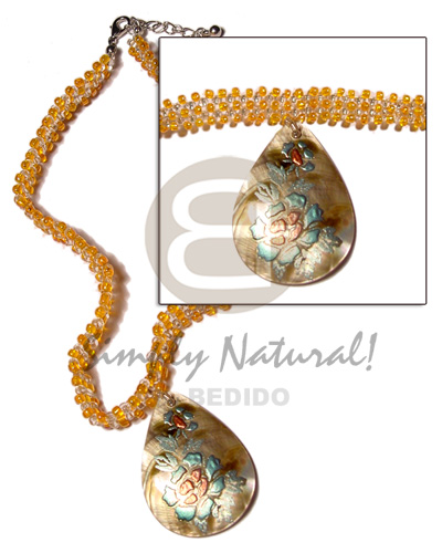 clear & orange glass beads flat choker  45mm teardrop handpainted blacklip pendant - Home