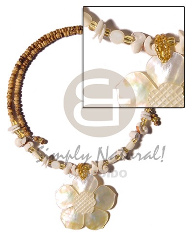 2-3mm tiger coco pokalet wire choker  shells accent and 45mm flower MOP  grooved hammershell nectar pendant - Home