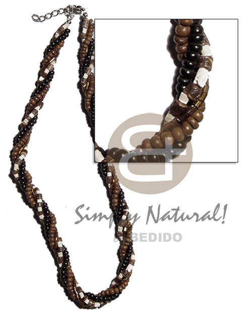 twisted 4 rows-2-3mm coco heishe nat. brown/bleach white/2-3mm coco Pokalet. nat. brown/black & glass beads - Home