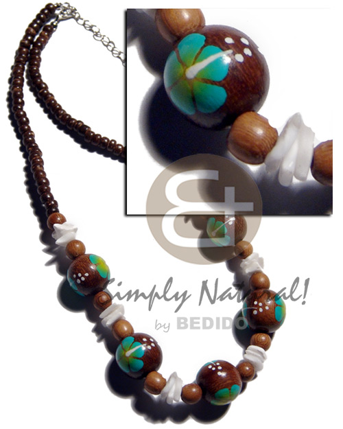 4-5mm coco Pokalet. nat. brown  handpainted 15mm robles round wood beads & white rose shell accent /green flower - Home