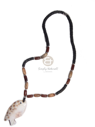 4-5mm black coco heishe  wood tube amd buri tiger tube combination and 55mmx30mm cowrie tiger  "fish shape" pendant / 18 in - Home