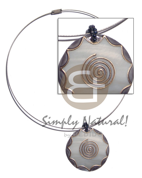 coated silver cable wire handpainted and colored round 55mm kabibe shell pendant embellished  elevated /embossed metallic paint accent lines / nat. white, gray and gold tones - Home