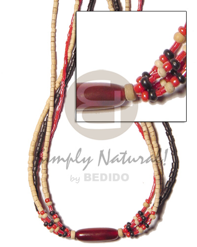 4 rows 2-3mmcoco heishe black/natural  red cut bead strand and center red horn tube accent - Home