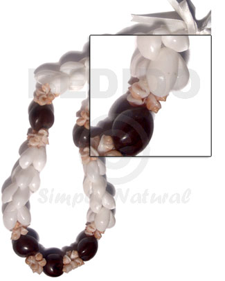 beaded white bubbleshells  black kukui nuts and white mongo shell scombination / 30"   adjustable ribbon maximum length of 50in - Home