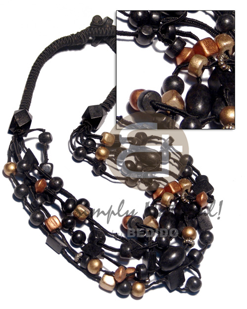 5 graduated layers black satin cord   black and metallic gold asstd. cuts nat. wood beads in  accent / 22in/24in/25in/28in/30in - Home