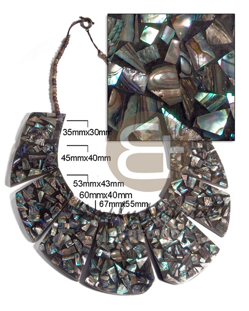 chunky cleopatra choker ( 10 flat blocks ) / paua shells chips laminated in black resin 35mmx30mm/ 45mmx40mm/ 53mmx43mm/ 60mmx40mm / 67mmx55mm /  amber horn bead neckline / 18in - Home
