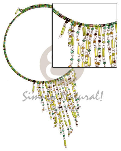 dangling green tones glass beads in choker wire & metal looping - Home