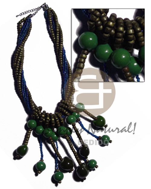 5 rows glass beads /3 rows 4-5mm olive green coco Pokalet  dangling green 12mm round nat. wood beads  & matching olive green kukui nuts accent - Home