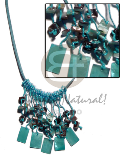 spaghetti necklace/dangling aqua blue 20mmx15 hammershell bars and nuggets on aqua blue leather thong  beads - Home