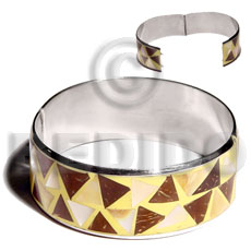laminated inlaid crazy cut coco & MOP in 1 inch folded hinged stainless metal / 65m  in diameter - Shell Bangles