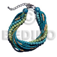 twisted 4 rows aquamarine 2-3mm coco heishe. 2 rows wood beads/3 rows cut green glass beads combination - Home