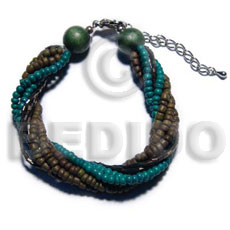 twisted 3 rows 4-5mm coco olive green Pokalet  2 rows 2-3mm coco Pokalet aquamarine and 3 rows cut glass beads combination - Home