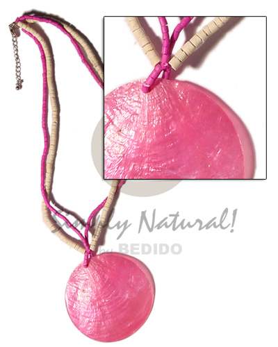 50mm pink capiz shell pendant in 2 rows 2-3mm pink coco heishe & 4-5mm bleached coco heishe - Home