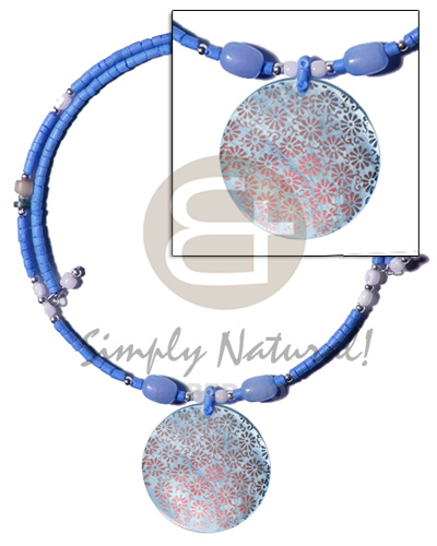aqua blue 2-3mm coco heishe wire choker  buri & troca beads accent  40mm round hammershell handpainted pendant - Home