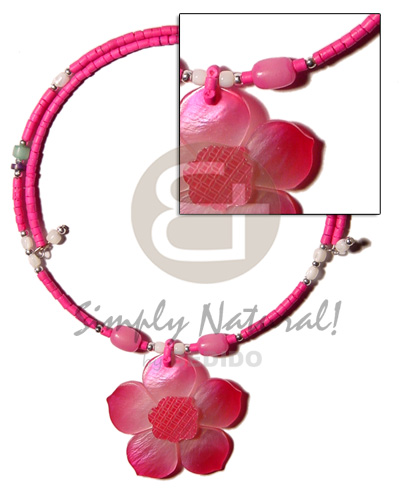 pink 2-3mm coco heishe wire choker  buri & troca beads accent  45mm pink hammershell flower pendant - Home