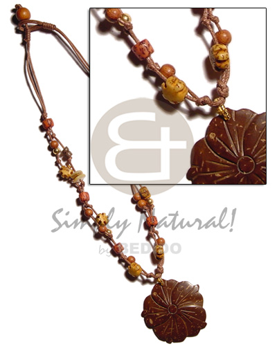 2 layer knotted brown cord  buri, & palmwood beads accent and 45mm flower coco pendant - Home