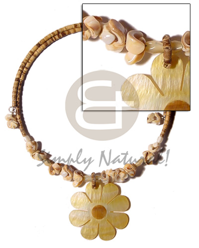 2-3mm tiger coco heishe  wire choker  chocolate orchid shells accent and 45mm flower MOP  skin nectar pendant - Home