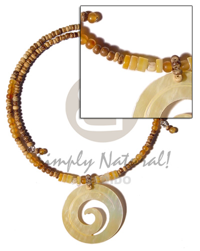 2-3mm  tiger coco pokalet  wire choker  bone beads & shells  accent and 40mm round swirl MOP pendant - Home