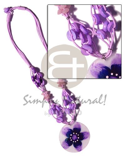 4 layer knotted lilac cord  coco pokalet & buri accent and 40mm  handpainted round capiz pendant - Home